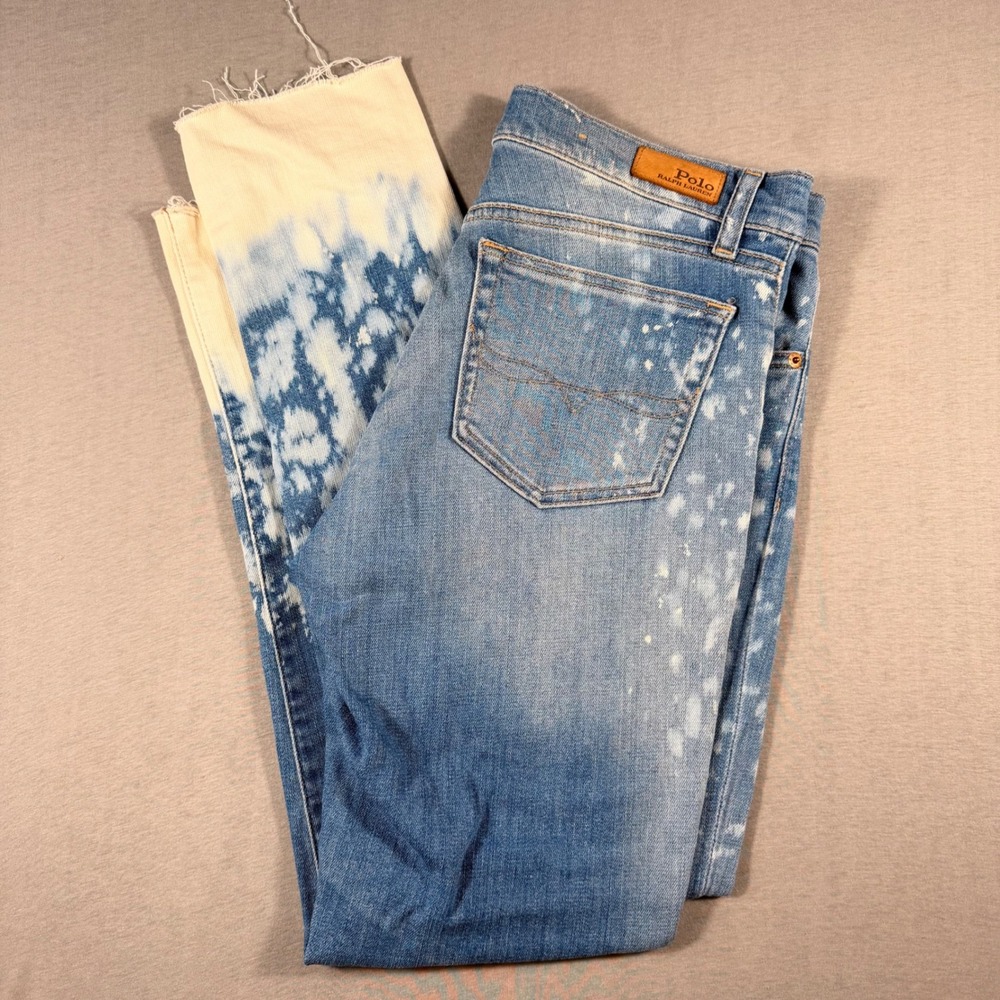 Polo Ralph Lauren Bleached Splatter Dip Dye Avery Slim Jeans Blue White 29R